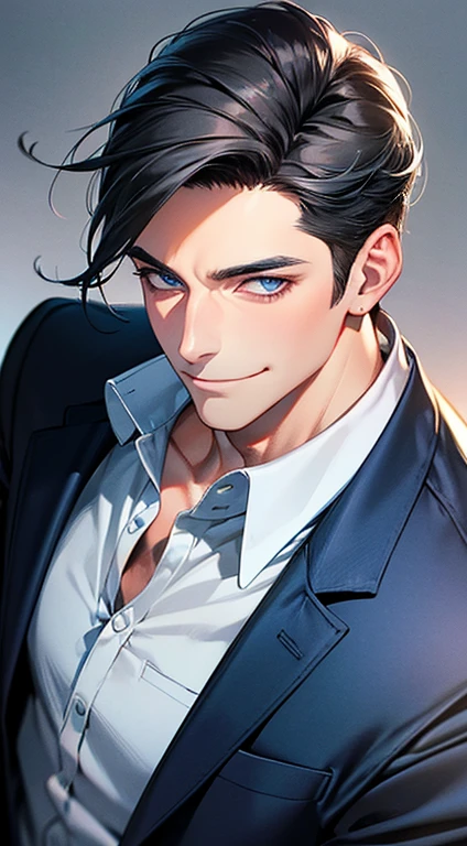 a mature man with short grey Black hair, blue eyes, 31 years, and a perfect face, smiling in love, CEO, cinematic lighting, 1:4 HDR image, top view, ultra detailed, best quality, masterpiece, 8K, photorealistic, beautiful image