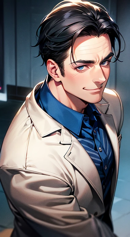 a mature man with short grey Black hair, blue eyes, 31 years, and a perfect face, smiling in love, CEO, cinematic lighting, 1:4 HDR image, top view, ultra detailed, best quality, masterpiece, 8K, photorealistic, beautiful image