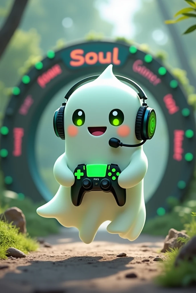 Create a medium-sized robot pet with a ghost-like appearance. With slightly rounded shapes resembling a drop and well-defined hands and arms. His facial expression has large, green eyes with a glow, conveying a friendly and cheerful expression. He has a small open mouth with a happy smile and flushed cheeks.. Its body is white with small green details and a smooth, slightly shiny texture.. He has a headset on his head with an adjustable microphone positioned close to his mouth.. And on his chest you can see the illuminated shape of a Playstation 5 controller in fluorescent green.. It floats in the air, as if he were ready for an adventure. Behind the character you can see a portal and on it is written "Soul Gamer"
