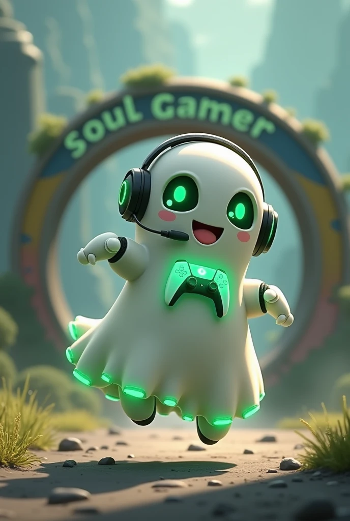 Create a medium-sized robot pet with a ghost-like appearance. With slightly rounded shapes resembling a drop and well-defined hands and arms. His facial expression has large, green eyes with a glow, conveying a friendly and cheerful expression. He has a small open mouth with a happy smile and flushed cheeks.. Its body is white with small green details and a smooth, slightly shiny texture.. He has a headset on his head with an adjustable microphone positioned close to his mouth.. And on his chest you can see the illuminated shape of a Playstation 5 controller in fluorescent green.. It floats in the air, as if he were ready for an adventure. Behind the character you can see a portal and on it is written "Soul Gamer"