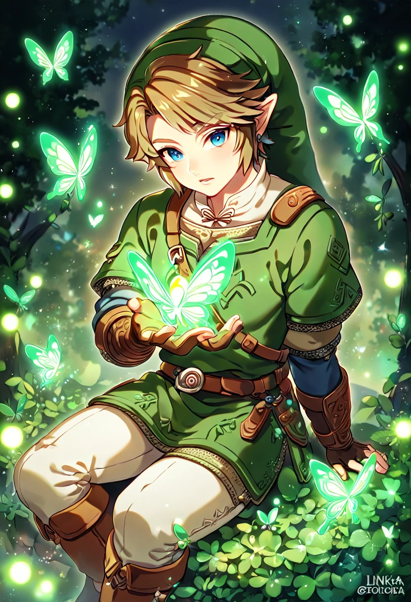 absurdres, highres, ultra detailed, HDR, master piece, best quality, extremely detailed, Link, brown hair, expressive blue eyes, The Legend Of Zelda Twilight Princess, solo, sexy man sitting, sensual, handsome, green tunic, green hat, brown gauntlets, white pants, under a green tree, fantasy, magical, glittering fireflies, green butterflies, green flames, glass magic, green leaves