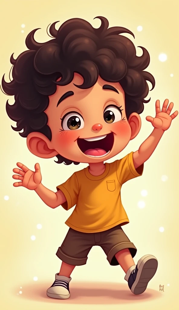 A digital portrait of a cheerful boy with curly hair, wearing a black shirt, happily singing and waving. The character has dark skin and is depicted in a vibrant, cartoon style with a warm and inviting atmosphere. The illustration captures the essence of joy and energy, focusing on the boy's expressive features and dynamic pose. The artwork should emphasize the playful nature of the character, with attention to detail in the curly hair, lively expression, and the overall concept of a happy and carefree moment.