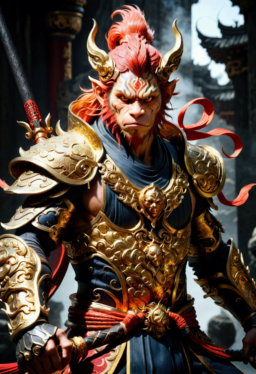 Monkey face, Wukong, Black Myth, a highly detailed 3D render of the character Sun Wukong from the video game Black Myth, masterfully crafted with extreme precision, dynamic lighting, dramatic camera angle, ornate detailed armor, muscular physique, fierce expression, glowing golden staff, otherworldly fantasy environment, cinematic composition, vibrant colors, dramatic shadows, award-winning quality, masterpiece, best quality, very aesthetic, absurdres