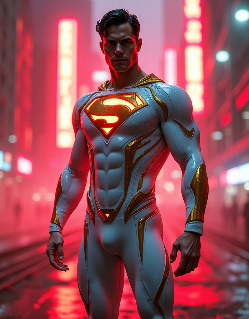 Superman in cyberpunk white golden glossy suit neon red light