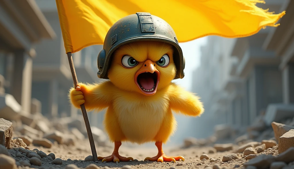 A very angry chick with a WWII helmet smoking a pipe,carrying a waving yellow flag 