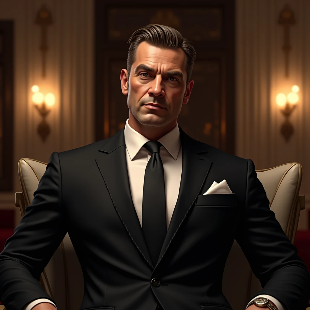 Create stunning AI artwork that captures the essence of a confident, charismatic billionaire dressed in an impeccably tailored suit, in a setting that reflects opulence and success. Infuse the artwork with a sense of power, elegance, and sophistication, using their creative AI techniques to bring this vision to life
