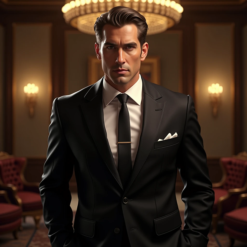 Create stunning AI artwork that captures the essence of a confident, charismatic billionaire dressed in an impeccably tailored suit, in a setting that reflects opulence and success. Infuse the artwork with a sense of power, elegance, and sophistication, using their creative AI techniques to bring this vision to life
