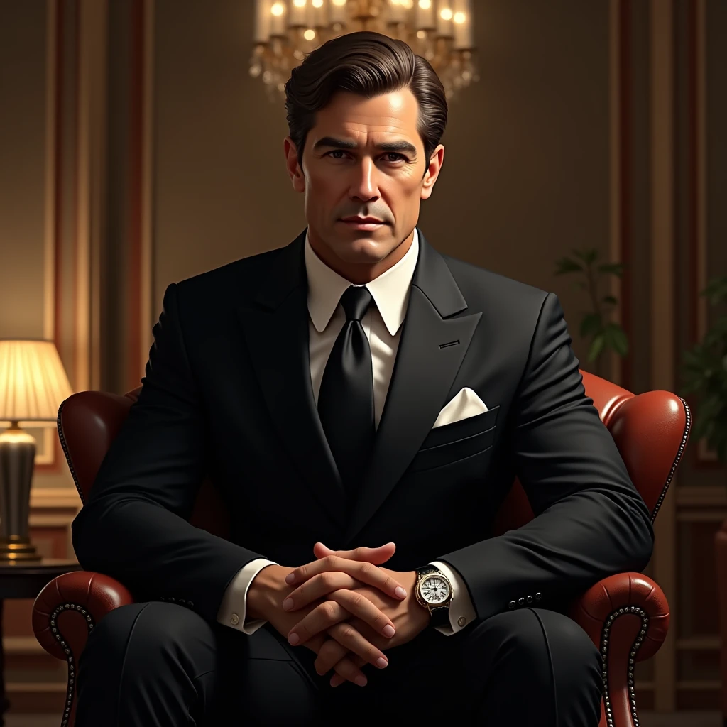 Create stunning AI artwork that captures the essence of a confident, charismatic billionaire dressed in an impeccably tailored suit, in a setting that reflects opulence and success. Infuse the artwork with a sense of power, elegance, and sophistication, using their creative AI techniques to bring this vision to life