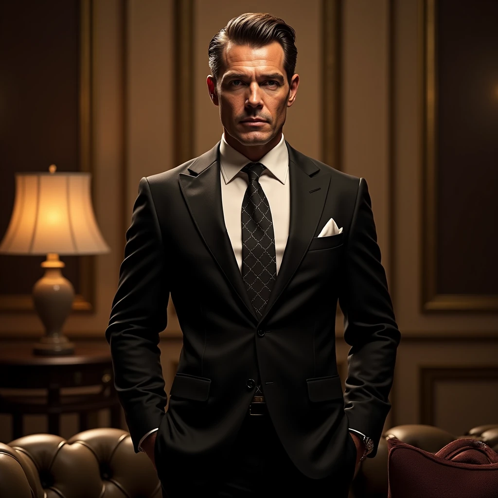 Create stunning AI artwork that captures the essence of a confident, charismatic billionaire dressed in an impeccably tailored suit, in a setting that reflects opulence and success. Infuse the artwork with a sense of power, elegance, and sophistication, using their creative AI techniques to bring this vision to life