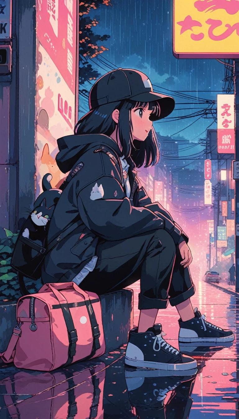 alone, Lofi Artstyle, Lofi Art, city, town, 80s anime style, Retro, Lo-Fi, masterpiece, Highest quality, (Highly detailed CG Unity 8k wallpaper), (Highest quality), (Best illustrations), (Best Shadow), Absurd, Realistic lighting, (abyss), Beautiful sparkle, One person, animal, Backpack, bag, bangs, Baseball cap, black Cat, Black footwear, Black Hat, black pants, Blurred, blush, building, Cat, Mouth closed, From the side, Have, Holding, Food, Food down, Fooded Jacket, Foodie, Jacket, Long Hair, Long sleeve, night, Outdoor, pants, Power lines, profile, rain, reflection, shoes, Sitting, sneakers, alone, Electric pole