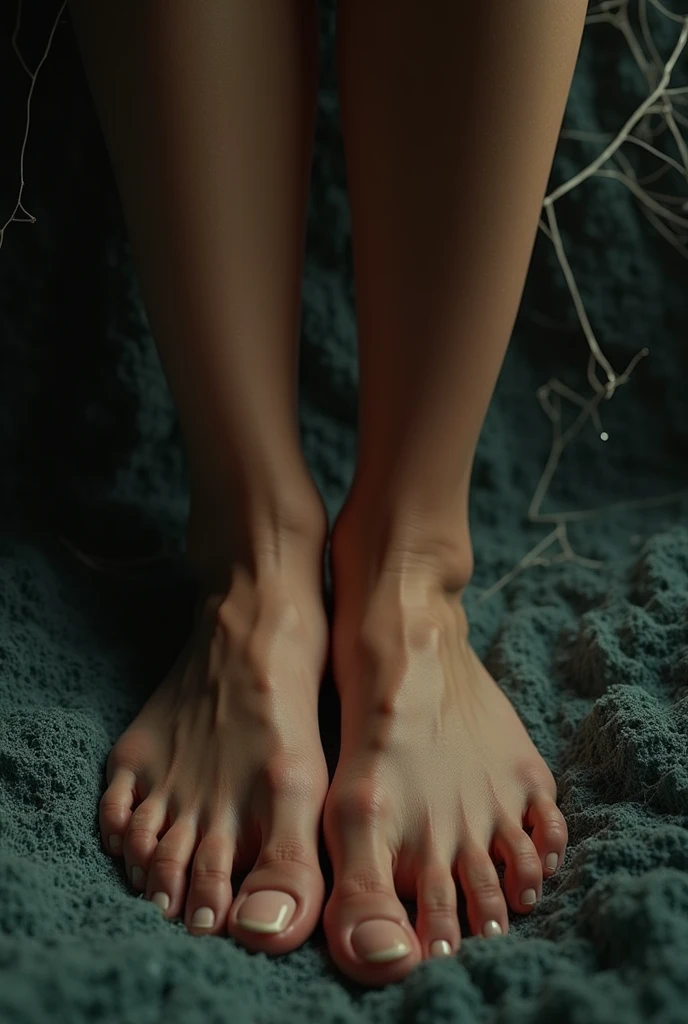 beautiful female feet, showing the soles, photorealistic, ultra-detailed skin texture, intense atmospheric lighting, dramatic shadows, cinematic composition, vibrant colors, masterpiece, (best quality,8k,highres,masterpiece:1.2),ultra-detailed,intricate web pattern, dynamic heroic pose,dramatic lighting,cinematic composition