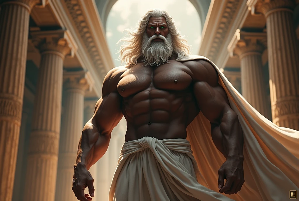 Male Titan, dark skinned muscular body, hairy chest, white hair, green eyes, Greek cloak clothing, naked, visible member, amazing lighting, greek temple.