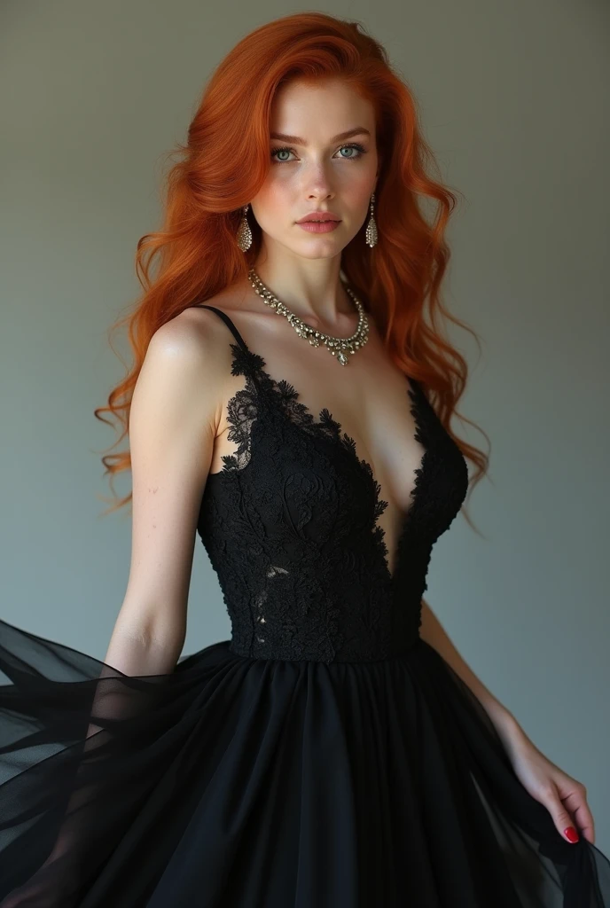 Redhead woman in black flared prom dress and jewelry,Full-body image