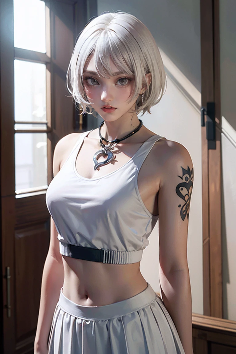 NSFW,((woman with tattoo on chest)), , ((Short white hair with bangs, Black strands of hair)), Purple eyes, (White tank top and white mini skirt), Pendant around the neck. 超High resolution.Realistic. 超High resolution.Realistic:1.4,超High resolution. Realistic，High resolutionで, masterpiece, Highest quality, Very detailed, Better Shadows, Volumetric lighting), super high quality, High resolution, 8k, 超Realisticな肖像画 , Realistic, Dynamic Lighting, Volumetric lighting, Very detailed顔