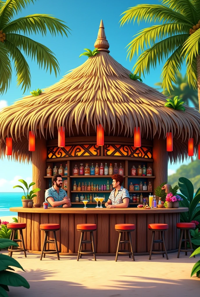 Front facing tiki bar with straw roof bottle and cocktail glasses on the bar 