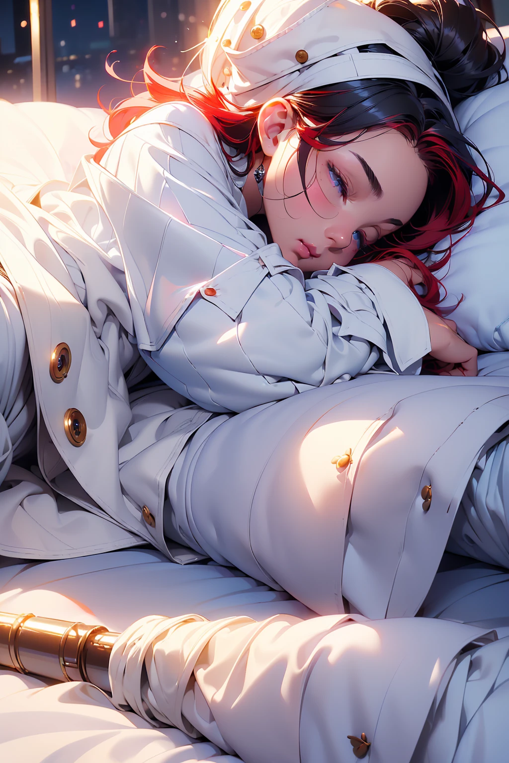 masterpiece, best_quality, 1girl, solo, sleeping, lying on the couch, Nirvana t-shirt, long black pants, socks, light red hair, perfect face, 4k, HDR, Full HD, HDR, proper lighting, late afternoon,