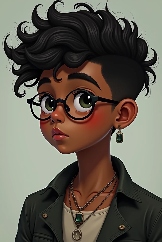 A boy with dark skin and curly hair with earrings, a necklace with a Ouija pointer pendant and thin round glasses