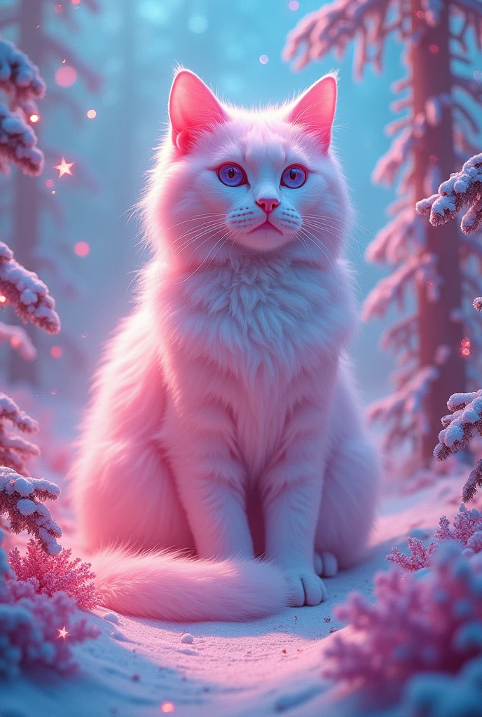 super huge cat、(Fluorescent Color:1.4)、(translucent:1.4)、(Retro filter:1.4)、(fantasy:1.4)、Candy world Disneyland Fantasy fluffy soft scenery forest snow avatar Pastel pink sky green blue glow Dreamy light Pastel soft glow Rainbow stars Diamond glitter Gemstone background Ultra realistic ultra high quality movie lighting Huge details Full HD Full light、