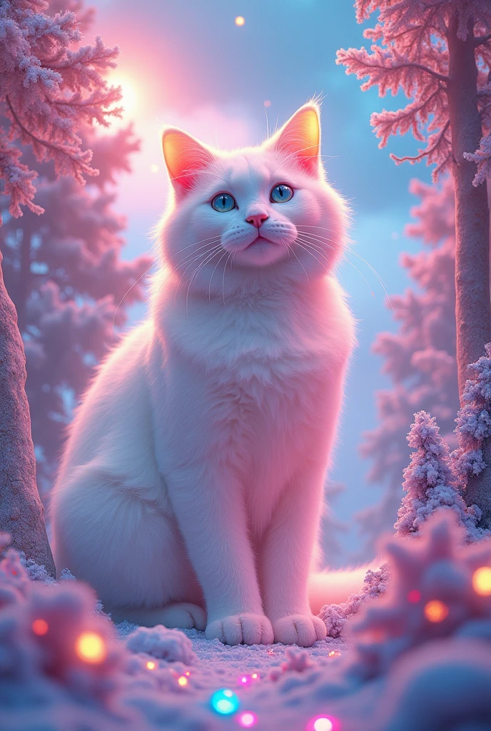 super huge cat、(Fluorescent Color:1.4)、(translucent:1.4)、(Retro filter:1.4)、(fantasy:1.4)、Candy world Disneyland Fantasy fluffy soft scenery forest snow avatar Pastel pink sky green blue glow Dreamy light Pastel soft glow Rainbow stars Diamond glitter Gemstone background Ultra realistic ultra high quality movie lighting Huge details Full HD Full light、
