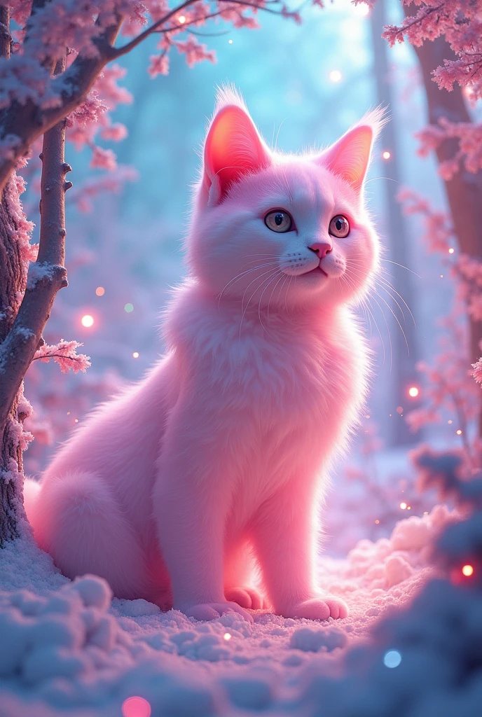 super huge cat、(Fluorescent Color:1.4)、(translucent:1.4)、(Retro filter:1.4)、(fantasy:1.4)、Candy world Disneyland Fantasy fluffy soft scenery forest snow avatar Pastel pink sky green blue glow Dreamy light Pastel soft glow Rainbow stars Diamond glitter Gemstone background Ultra realistic ultra high quality movie lighting Huge details Full HD Full light、