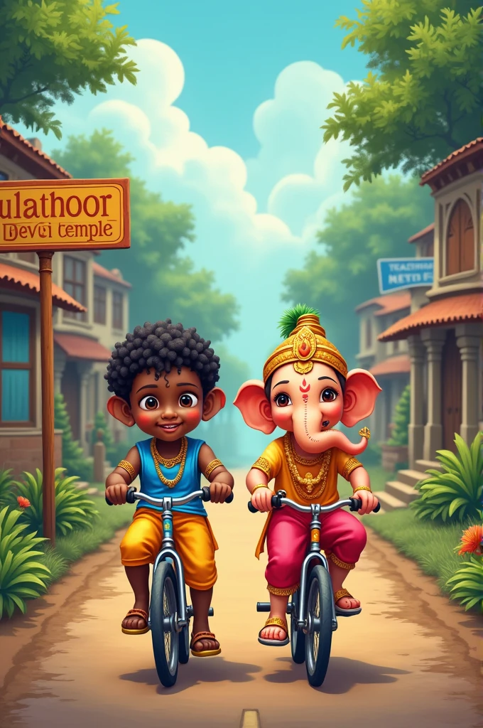 Little krishna and little lord ganapati is riding with cycles in a village. Village name KULATHOOR DEVI TEMPLE is wrote on the road sign board