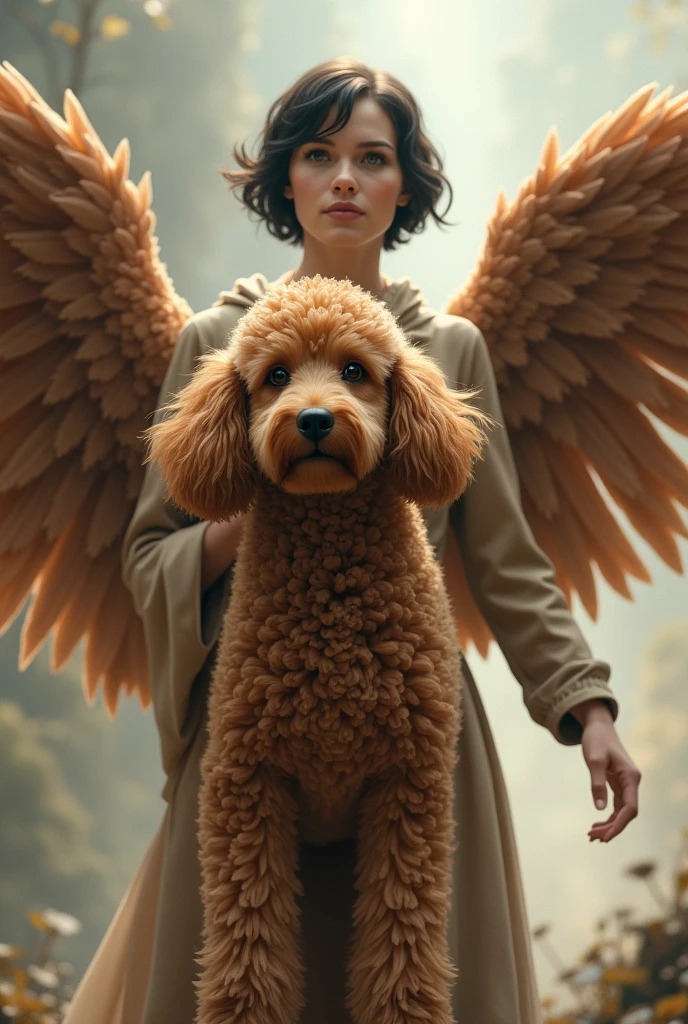 Brown poodle dog with wings and her white owner, short dark hair