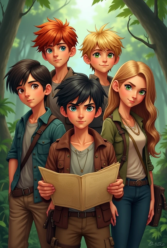 Miguel, a 17-year-old redhead with green eyes. Lucas, a 17-year-old ager with black hair, fair skin and blue eyes, holding a map. Tomas, a 17-year-old blond teen with blue eyes. Raquel, a 1 teenagerh brown, wavy hair and honey-colored eyes. Clara, a teenager witond hair and green eyes.