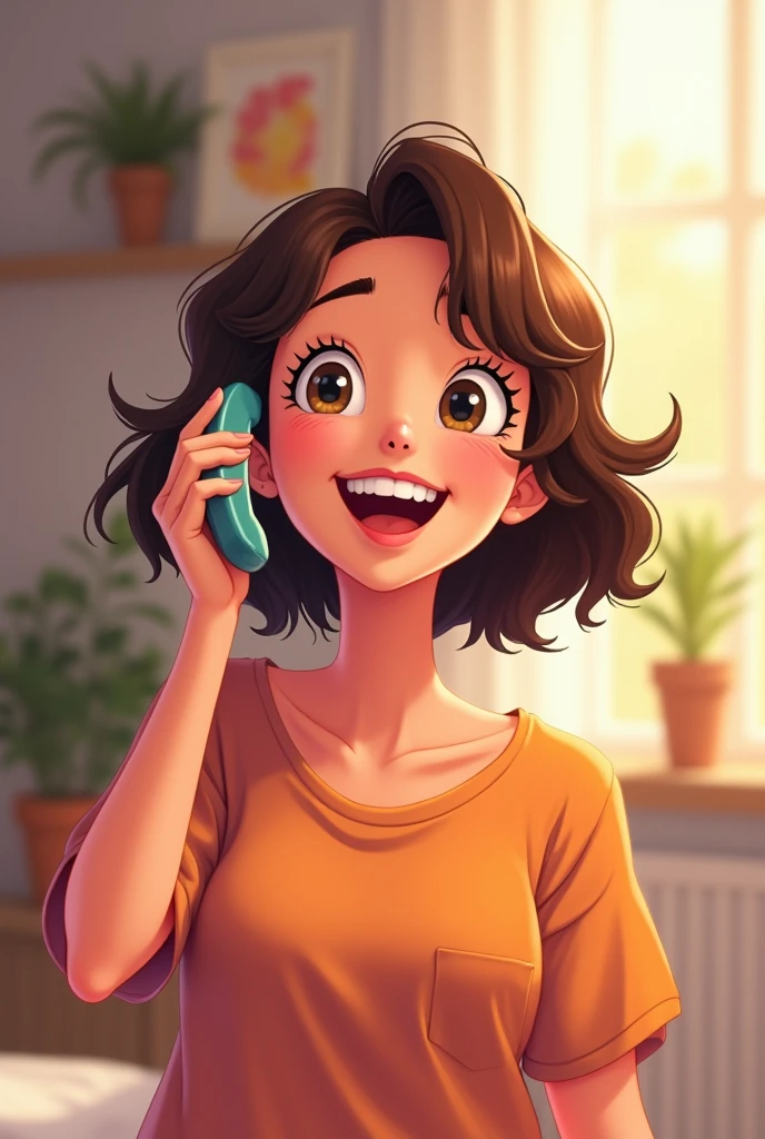 Make a 20 year old girl, short brown haired girl receiving a call while smiling happily in 2d animation