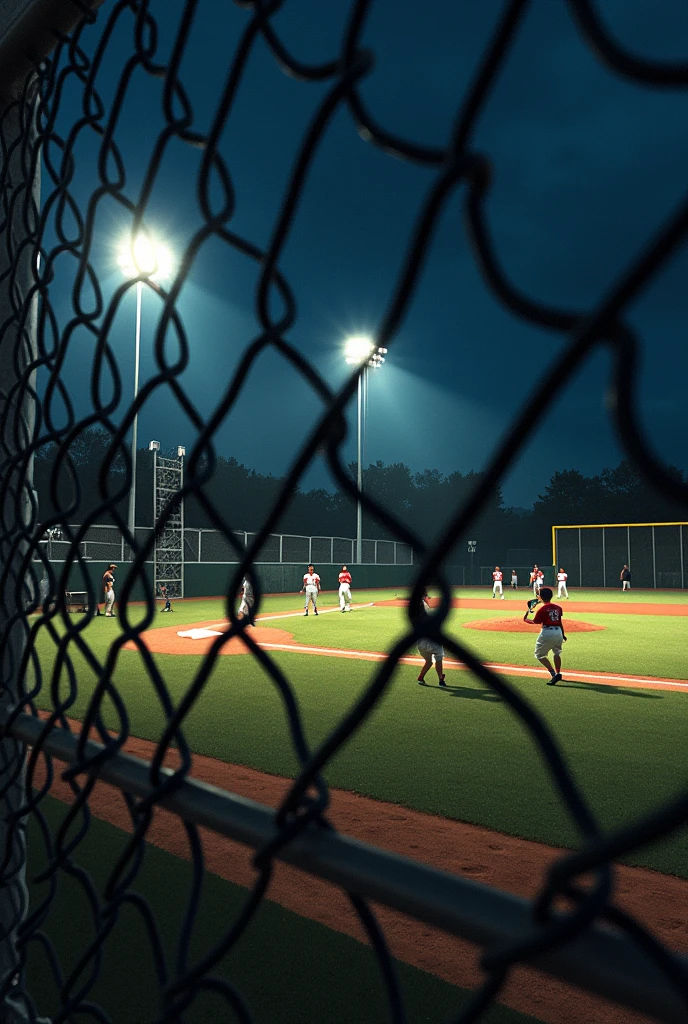 ((masterpiece, highest quality, Highest image quality, High resolution, photorealistic, Raw photo, 8K)), view from the street, of a little league baseball game, chain link fence down 1st base line, chain link backstop, night time, under lights