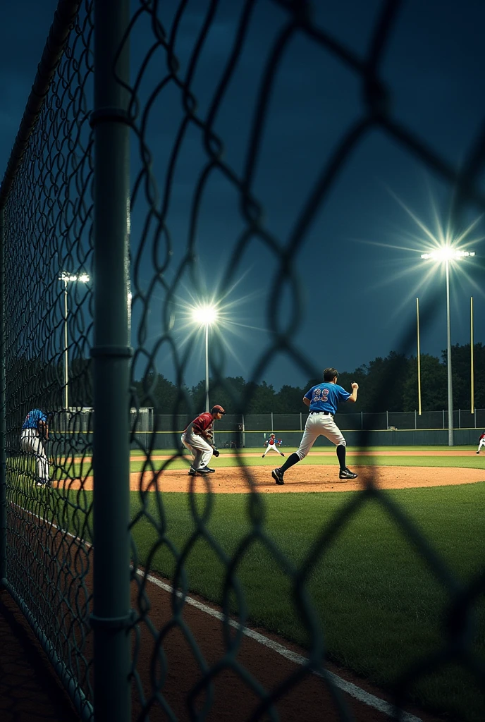 ((masterpiece, highest quality, Highest image quality, High resolution, photorealistic, Raw photo, 8K)), view from the street, of a little league baseball game, chain link fence down 1st base line, chain link backstop, night time, under lights