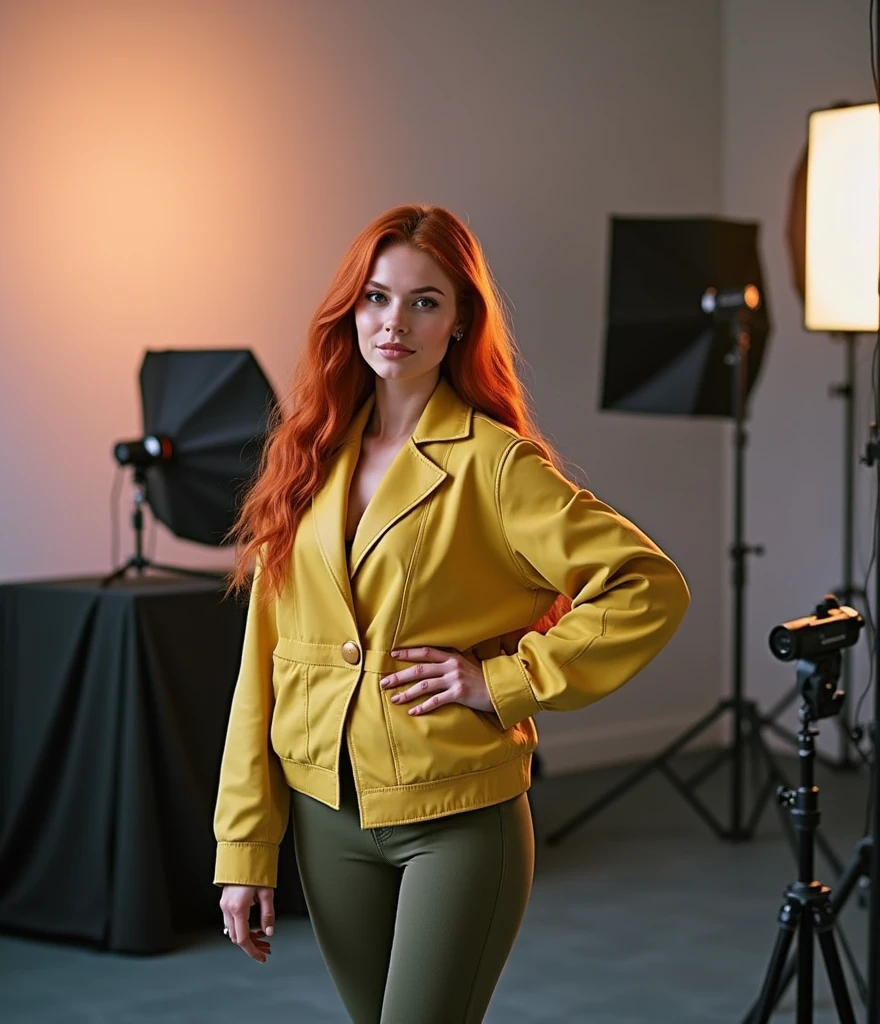Zofia Nowacka stands confidently in a well-lit studio, her bright red hair cascading down her back like a fiery waterfall. Her porcelain skin glows under softbox lighting, highlighting the subtle blush on her cheeks. Her eyes, not described, seem to sparkle with an inner warmth as she poses, her defined arms and abdominal muscles visible beneath her fitted clothing. The camera frames her at a slight angle, emphasizing the curves of her inverted triangle figure. The subject's medium-sized lips curve into a gentle smile, inviting the viewer in.