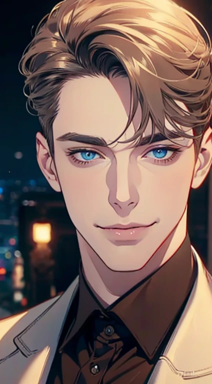 a mature man with short grey Brown hair, blue eyes, 31 years, and a perfect face, smiling in love, CEO, cinematic lighting, 1:4 HDR image, top view, ultra detailed, best quality, masterpiece, 8K, photorealistic, beautiful image