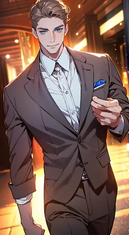 a mature man with short grey Brown hair, blue eyes, 31 years, and a perfect face, smiling in love, CEO, cinematic lighting, 1:4 HDR image, top view, ultra detailed, best quality, masterpiece, 8K, photorealistic, beautiful image