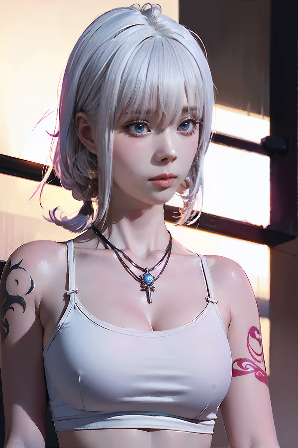 NSFW,((woman with tattoo on chest)), , ((Short white hair with bangs, Black strands of hair)), Purple eyes, (White tank top and white mini skirt), Pendant around the neck. 超High resolution.Realistic. 超High resolution.Realistic:1.4,超High resolution. Realistic，High resolutionで, masterpiece, Highest quality, Very detailed, Better Shadows, Volumetric lighting), super high quality, High resolution, 8k, 超Realisticな肖像画 , Realistic, Dynamic Lighting, Volumetric lighting, Very detailed顔