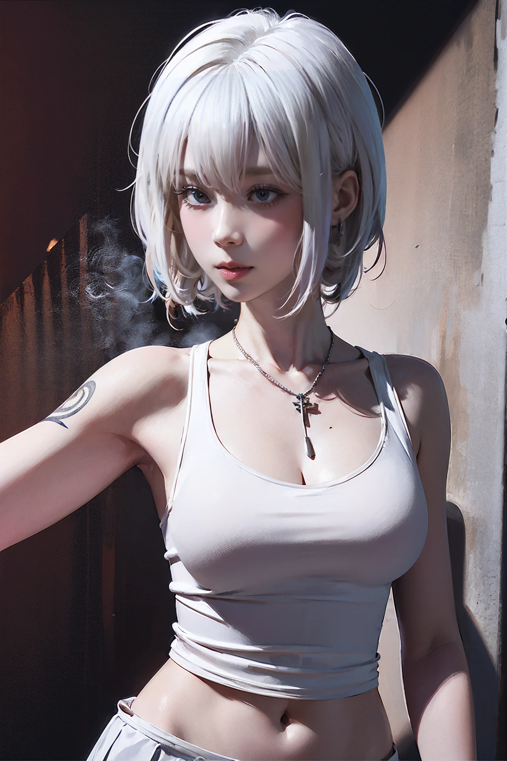 NSFW,((woman with tattoo on chest)), , ((Short white hair with bangs, Black strands of hair)), Purple eyes, (White tank top and white mini skirt), Pendant around the neck. 超High resolution.Realistic. 超High resolution.Realistic:1.4,超High resolution. Realistic，High resolutionで, masterpiece, Highest quality, Very detailed, Better Shadows, Volumetric lighting), super high quality, High resolution, 8k, 超Realisticな肖像画 , Realistic, Dynamic Lighting, Volumetric lighting, Very detailed顔