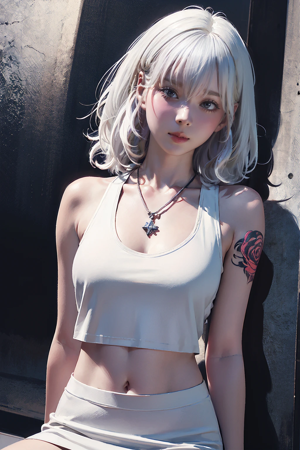 NSFW,((woman with tattoo on chest)), , ((Short white hair with bangs, Black strands of hair)), Purple eyes, (White tank top and white mini skirt), Pendant around the neck. 超High resolution.Realistic. 超High resolution.Realistic:1.4,超High resolution. Realistic，High resolutionで, masterpiece, Highest quality, Very detailed, Better Shadows, Volumetric lighting), super high quality, High resolution, 8k, 超Realisticな肖像画 , Realistic, Dynamic Lighting, Volumetric lighting, Very detailed顔