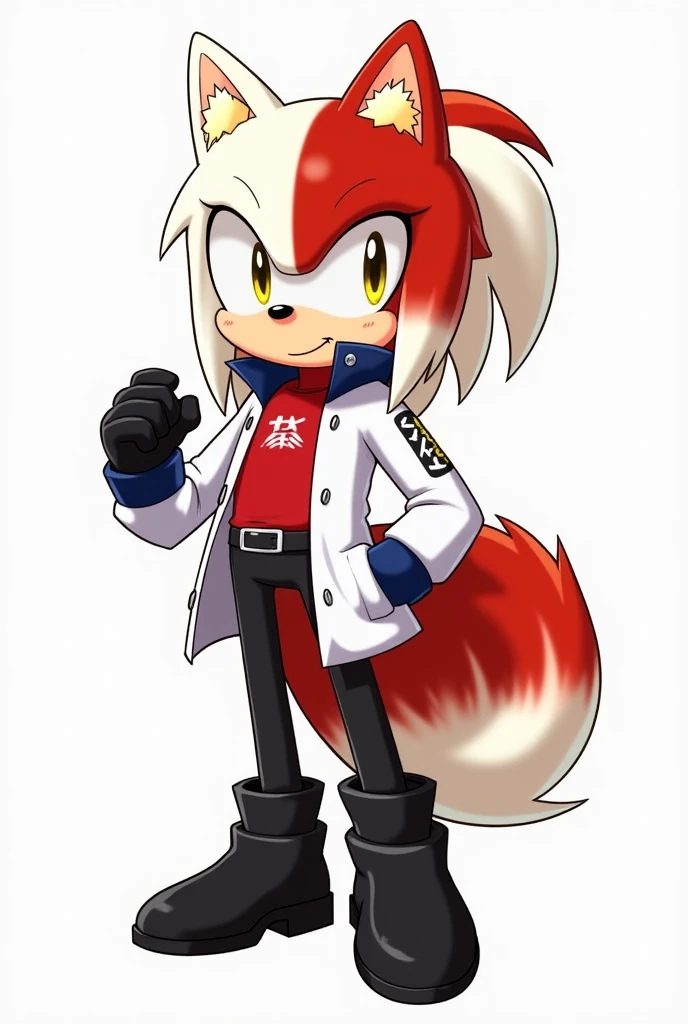 Create a Kitsune with half white and half red hair, with a ponytail, with fringe on the left side, with a Kitsune mask, yellow eyes, eyes large, humanoid, with ears and nine tails, in the form of a Sonic-style character, o nome dele é Kito Kaiiatsubaky, Men's White Windbreaker Jacket with Red Shirt, black pants and men's black boots,with gloves, Personalidade: always cheerful and lively and willing to protect his friends and companions.