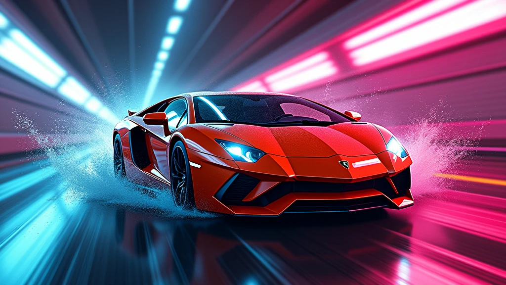 splatter art of a lamborghini aventador running in a tunnel at night, speed, motion, neon lights, atey ghailan, alena aemani, jeremy mann photo, cinematic, vibrant