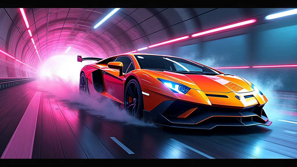 splatter art of a lamborghini aventador running in a tunnel at night, speed, motion, neon lights, atey ghailan, alena aemani, jeremy mann    photo, cinematic, vibrant