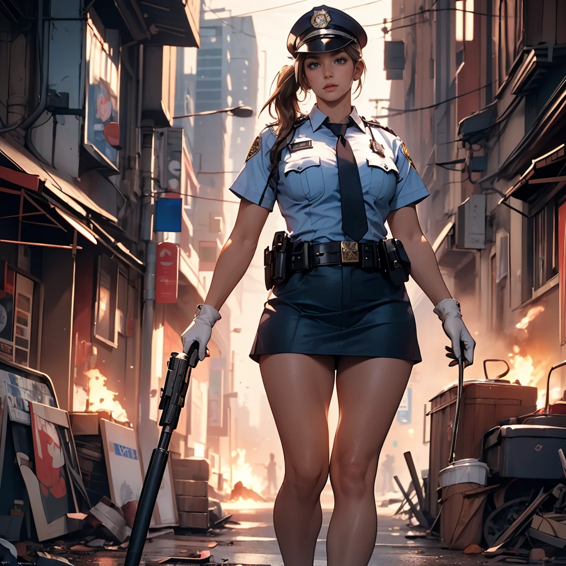 (1woman only), Pretty Caucasian (female), Sarah Shahi, a slim but muscular body, huge breasts, dark brown messy hair, blue eyes, (((perfect anatomy, super detailed skin))), 1 girl, police girl, shiny skin, large breasts:0.5, looking away, looking up, watching the view, beautiful hair, beautiful face, beautiful detailed eyes, (long hair:1.5, side ponytail:1.7), bangs, hair between eye, red eyes, beautiful clavicle, beautiful body, beautiful chest, beautiful thighs, beautiful legs, babyface, mole under eye, ((policewoman uniform, light blue short sleeved shirt, navy necktie, high waisted sexy miniskirt), belt, white gloves, police hat, handcuffs), seductive thighs, ((holding police stick in hand or handgun))), , (beautiful scenery), wasteland, burning city, 8k, top-quality, masterpiece:1.2, extremely detailed), (realistic, photorealistic:1.2), beautiful illustration, cinematic lighting, exposed sexy thighs, full body view, far away view,