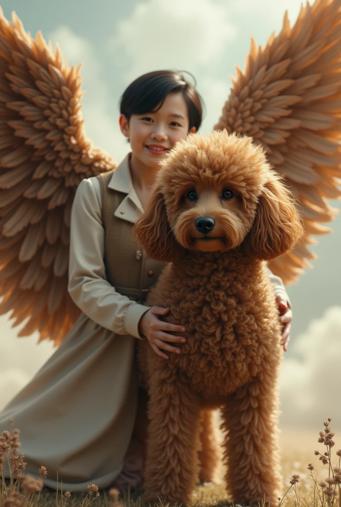 Brown poodle dog with wings and her white owner, short dark hair