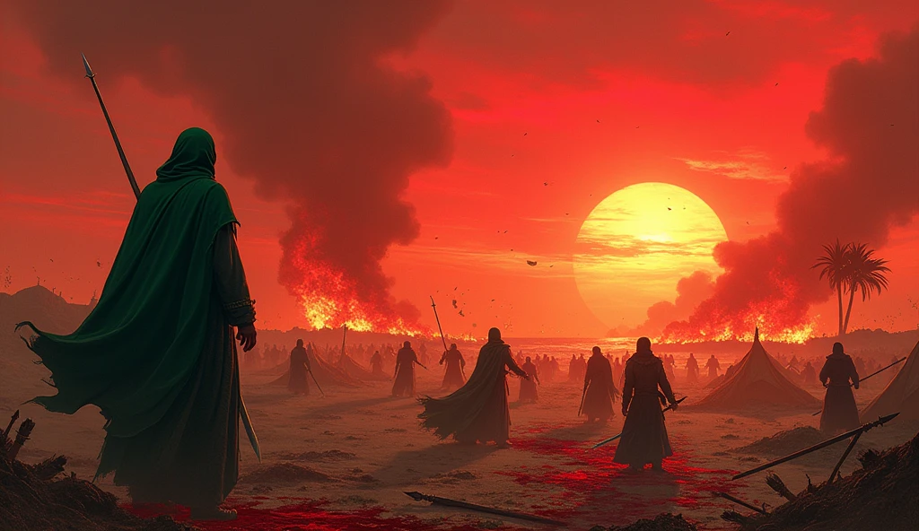 Sun set, blood sky, burning tents, burning date trees, a men which wear Proper green hijab who stand outside the sea, a bloody ground, javelin, sword, Arrow everywhere on ground, Arrows from sky, fire woods, a army which wear read hijabs and going towards burning tents, a men which wear Proper green hijab and battle dress which falling on ground and a javelin across his chest