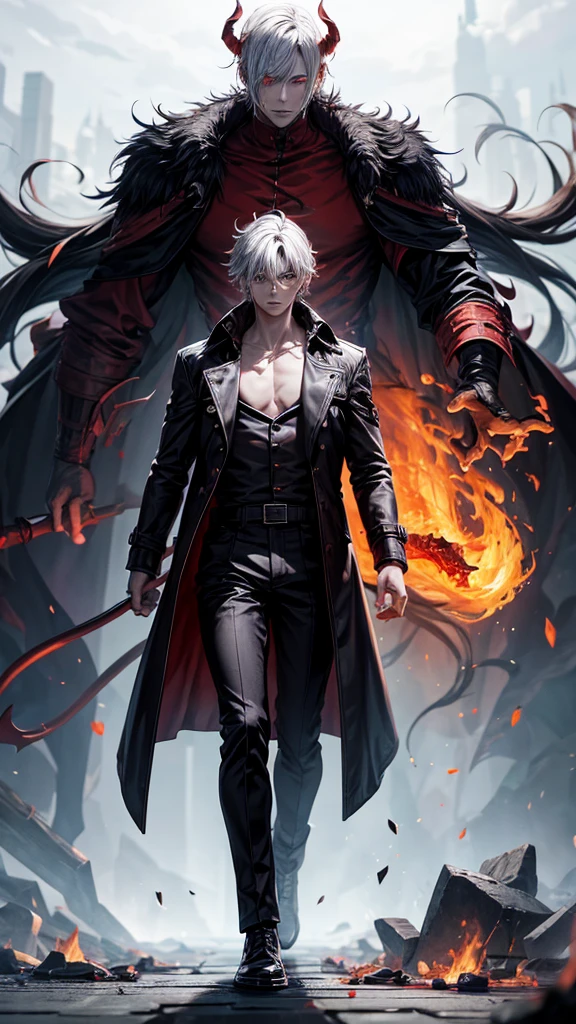 masterpiece, best quality, 1boy, dante, white hair, open clothes, coat, fingerless gloves, belt, city, detailed eyes, destroyed buildings,  destruction,  (night:1.4), smiling, natural light,war, angry eyes, looking ahead, male focus, muscles, movie composition, deth of field, bokeh  (demons on the background:1.2) , (sword:1.2),  fighting pose, explosions, upper,