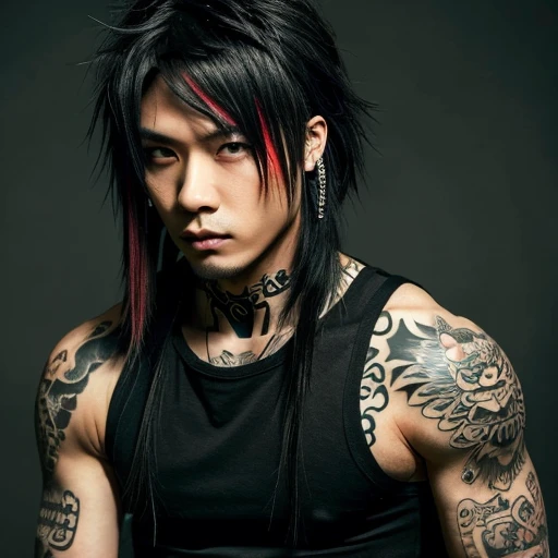 1 man, Japanese man, male, Asian eyes, muscular, broad shoulders, yakuza tattoos, hairstyle Visual Kei style, hair Visual Kei, black men's shirt and black pants, ultra detailed face, hyperrealistic, realistic representation, long hair, long hair, 30 years old, age 30 years, blonde hair