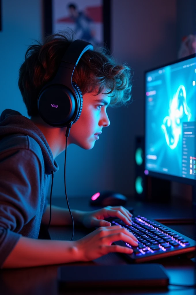 Gamer boy , strumming  online ,wear  Gamming headphones 