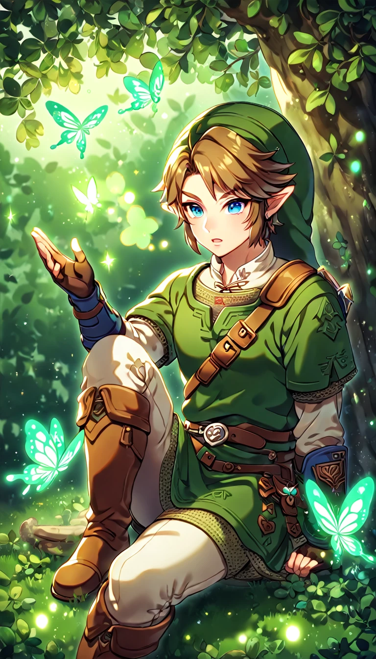absurdres, highres, ultra detailed, HDR, master piece, best quality, extremely detailed, Link, brown hair, expressive blue eyes, The Legend Of Zelda Twilight Princess, solo, sexy man sitting, sensual, handsome, green tunic, green hat, brown gauntlets, white pants, under a green tree, fantasy, magical, glittering fireflies, green butterflies, green flames, glass magic, green leaves