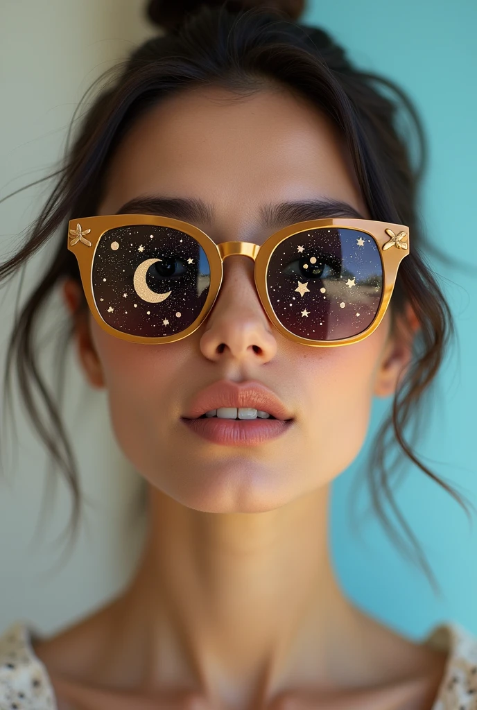 The model is wearing glass sunglasses with stars and the moon on the glass