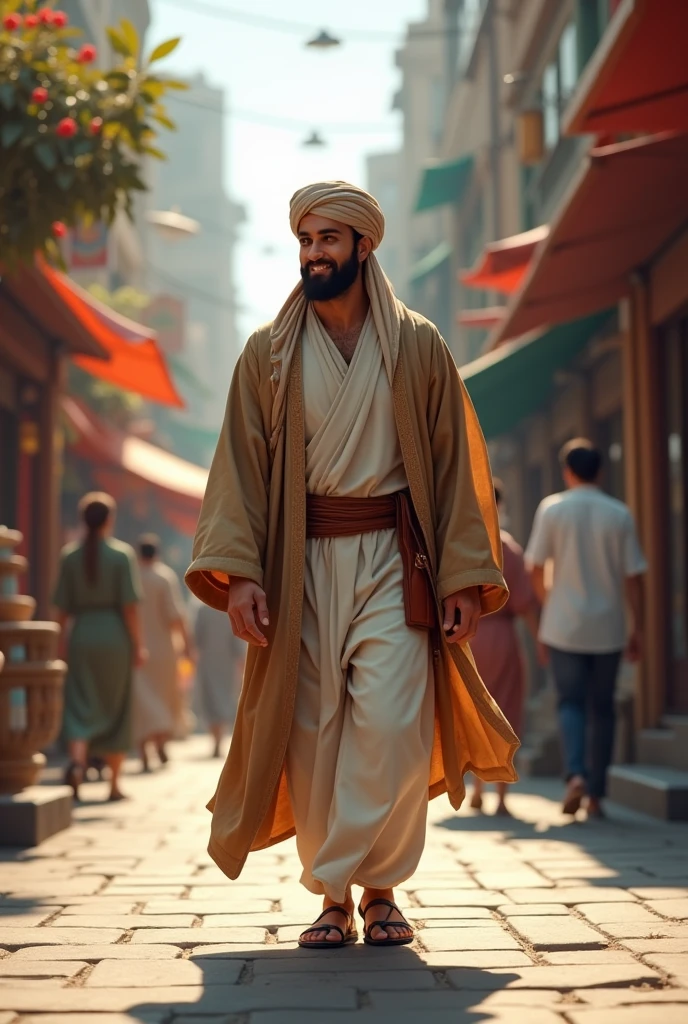 A Muslim young man walking in street