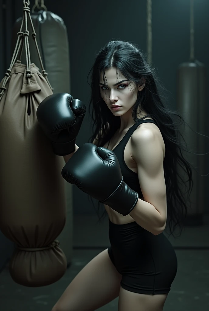 intimidating woman, with long black hair, blue colored eyes, pale white skin, black fighting clothes, training on a punching bag, spontaneous boxing fighting. 