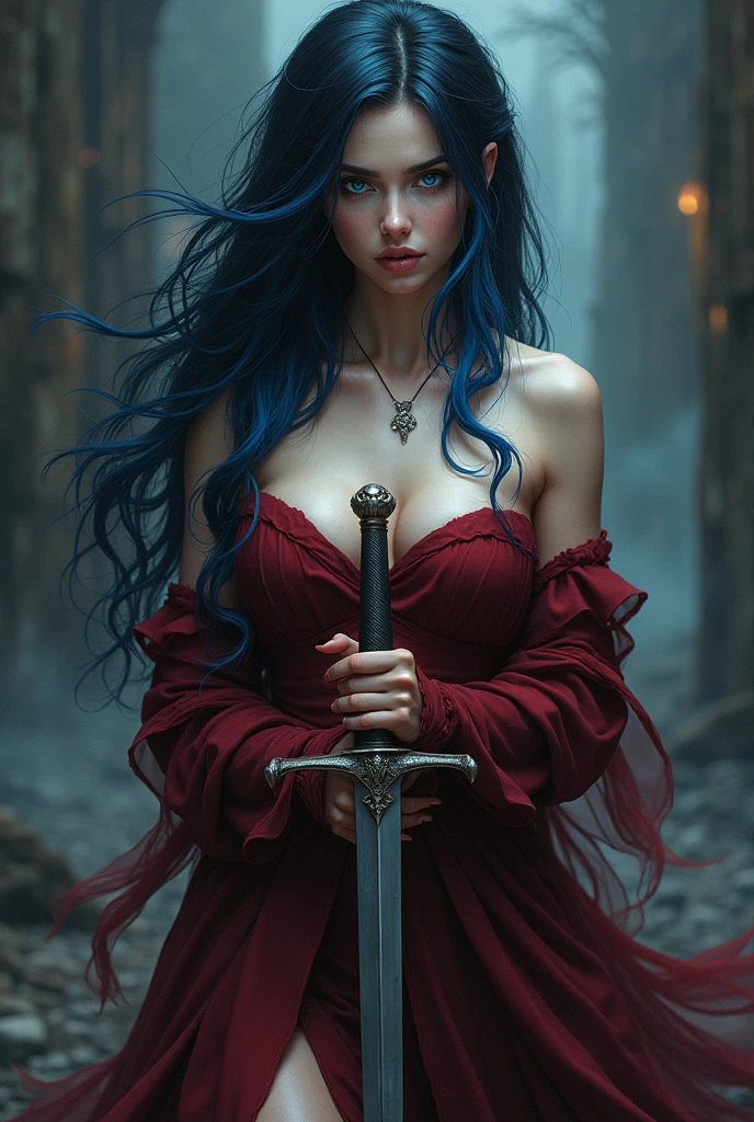 a one woman, with blue and black hair, wine red dress, a sword with a thin blade, big boobies, Dragon Eyes, girl&#39;s mouth, black sharp nails